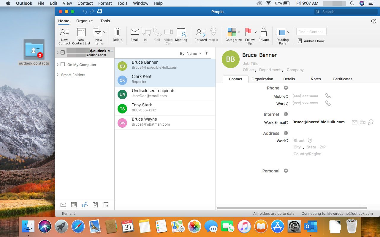 contacts in outlook 2016 for mac